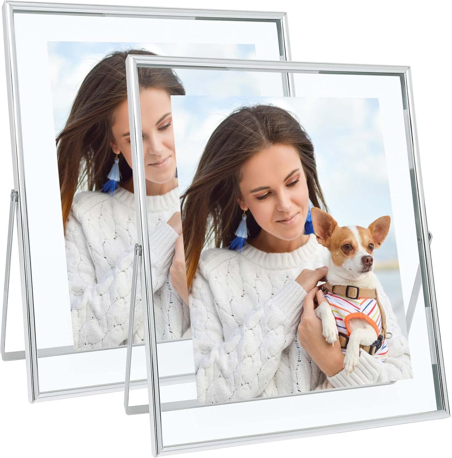 Qiannhee 8x10 Floating Frames Set of 2, Double Glass Desktop Picture Frames, Holds Multiple Photo Sizes, Photo Frame with Metal Stand