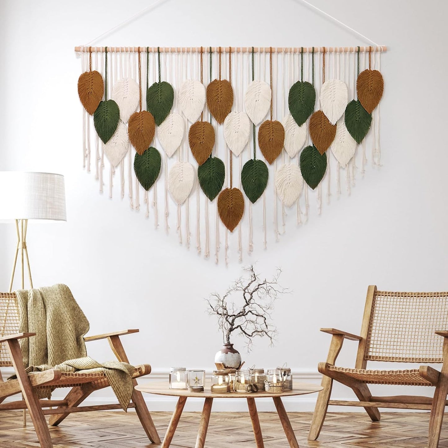 KHOYIME Large Macrame Wall Hanging Boho Woven Tapestry, Chic Home Decor Modern Bohemian Handmade Leaf Feather Wall Art Decorations for Apartment Dorm Living Room Bedroom Nursery Backdrop 39"W X 29.5"L