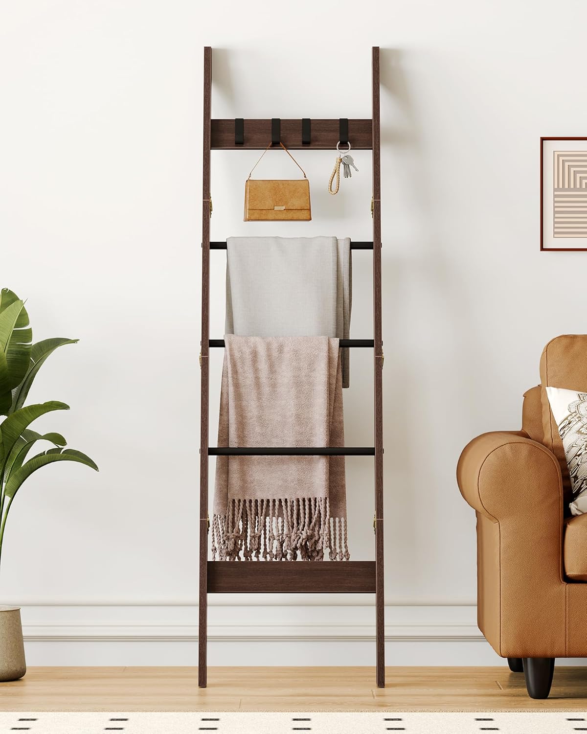 Hzuaneri Blanket Ladder for Living Room, Decorative Quilt Rack with 4 Removable Hooks, 5-Tier Farmhouse Ladder Holder Shelf Organizer for Bedroom, Rustic Brown and Black 02101BBR