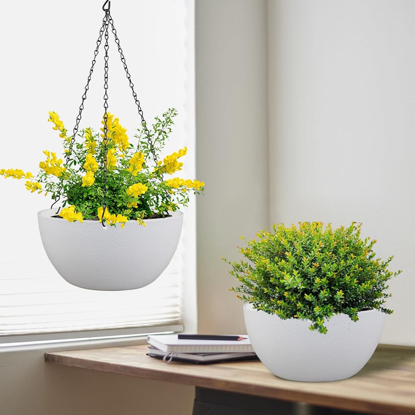 Meowell 10 inch Hanging Planters for Indoor Outdoor Plants, 2 Pack Hanging Flower Pots with Drainage Holes and Chain for Garden Porch, Plastic Hanging Baskets for House Plants, Speckled Grey