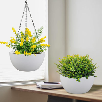 Meowell 10 inch Hanging Planters for Indoor Outdoor Plants, 2 Pack Hanging Flower Pots with Drainage Holes and Chain for Garden Porch, Plastic Hanging Baskets for House Plants, Speckled Grey