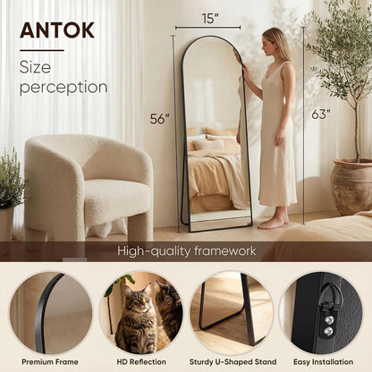 Antok 71" x28” Arched Full Length Floor Mirror, Black Aluminum Frame, Free Standing/Wall Mount/Leaning for Bedroom, Living Room, Dressing Room
