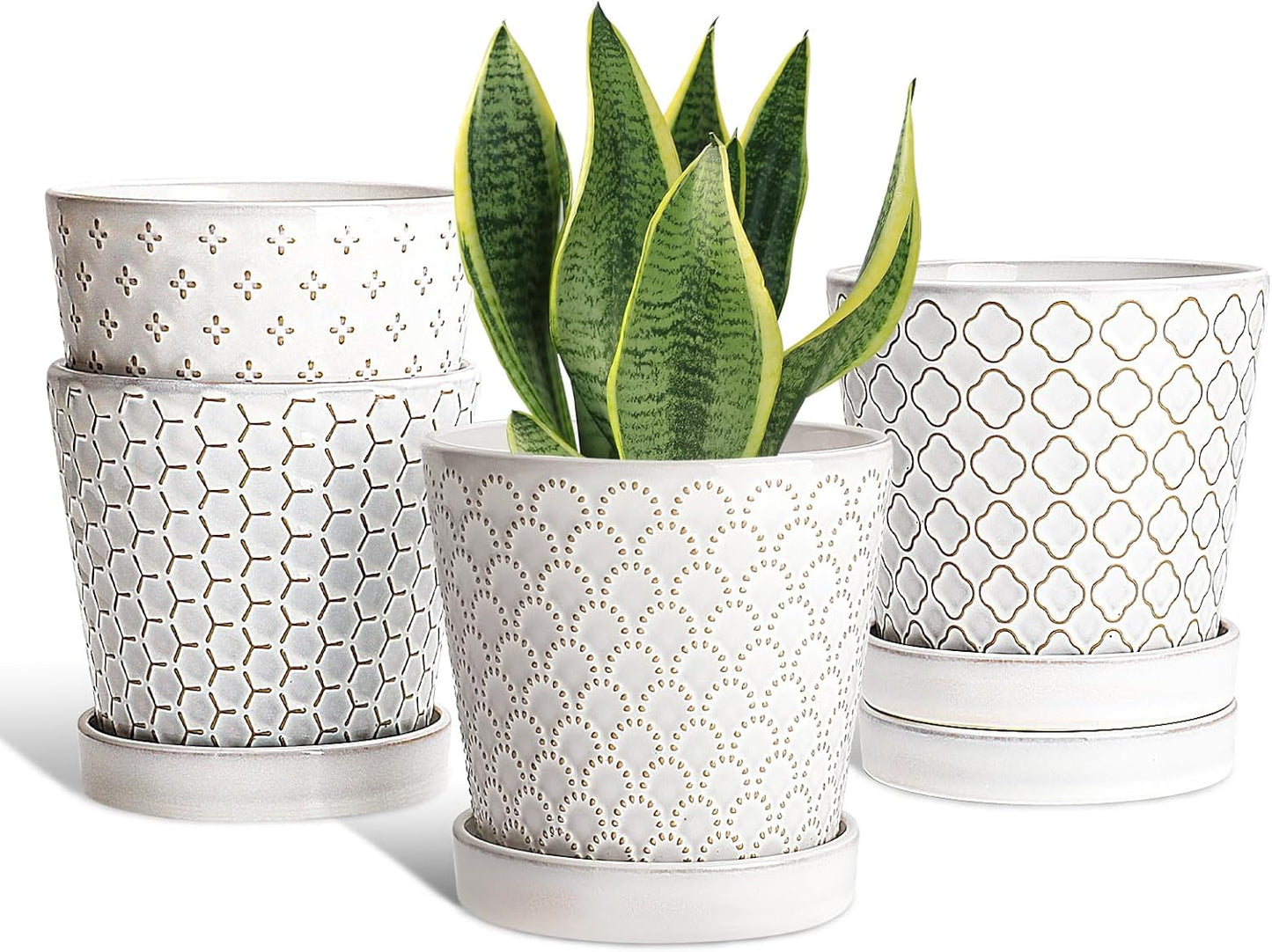 EFISPSS Flower Planter –5 inch Ceramic Plant Pots with Drainage Hole and Ceramic Tray - Gardening Home Desktop Office Windowsill Decoration Gift Set of 4 - Plants NOT Included