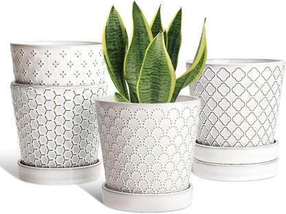 EFISPSS Flower Planter –5 inch Ceramic Plant Pots with Drainage Hole and Ceramic Tray - Gardening Home Desktop Office Windowsill Decoration Gift Set of 4 - Plants NOT Included