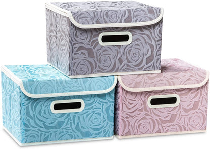 PRANDOM Larger Collapsible Storage Bin with Lid [1-Pack] Fabric Decorative Storage Box Cube Organizer Container Baskes with Handles Divider for Bedroom Closet Living Room Pink 17.7x11.8x11.8 Inch