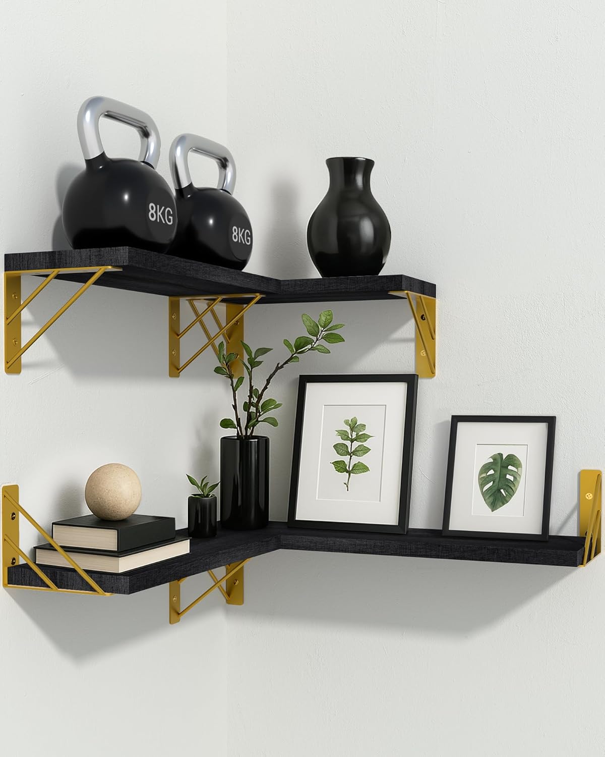 BAYKA Wall Mounted Floating Bathroom Shelves, Wood Wall Shelf for Bathroom Essentials & Decor, Space-Saving Display & Organizer (Black, Set of 4)