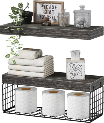 QEEIG Bathroom Shelves Over Toilet - Wall Mounted Floating Shelves Toilet Paper Storage Small Farmhouse Decor Shelf 16 inch Set of 3, Rustic Brown (019-BN3)