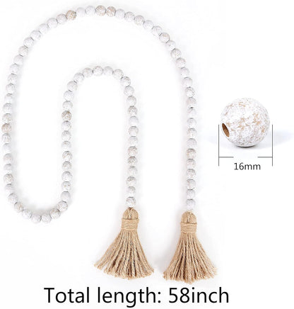 58in Wood Bead Garland with Tassels, Farmhouse Rustic Country Decor Prayer Boho Wall Hanging Decoration (Nature)