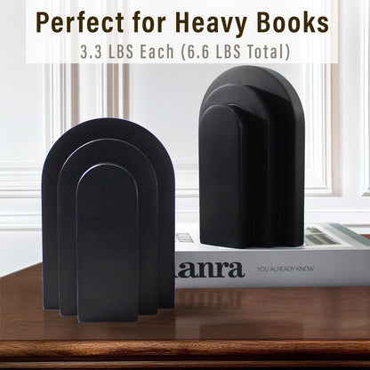 LIN CHUAN Heavy Duty Bookends for Shelves, 6.6 LBS Heavy Book Ends for Heavy Books, Decorative Modern Bookends with Faux Sandstone Look, Layered Arch Book Stopper for Bookshelf Holder Set of 2, Beige