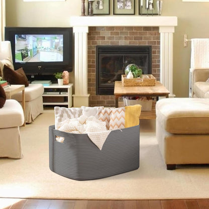 OIAHOMY 75L Large Woven Cotton Rope Storage Basket with Handle for Organizing Blanket and Toys for Living Room, Nursery, Brown Variegated 22”x17”x12”