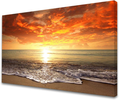 Baisuart S02250 Canvas Prints Wall Art Beach Sunset Ocean Waves Nature Pictures Stretched Canvas Wooden Framed for living Room Bedroom and Office