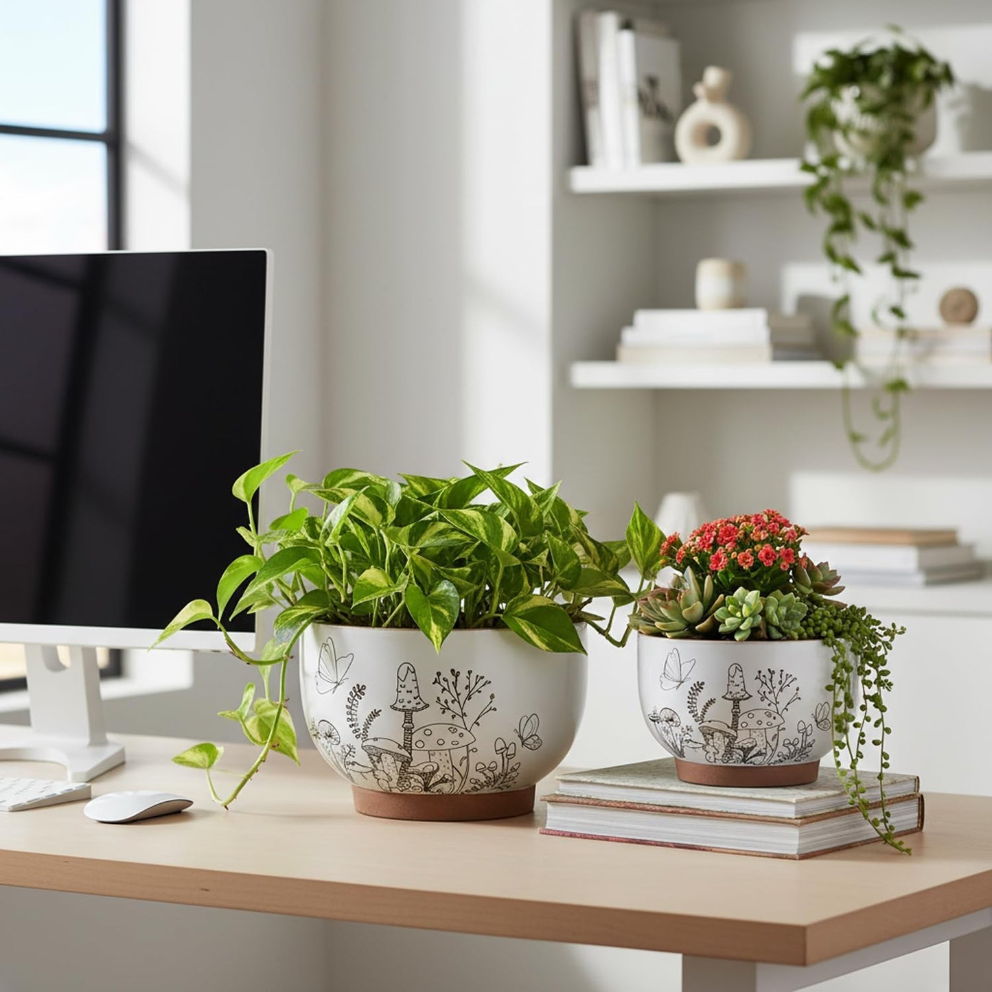 YBX 8 Inch + 6 Inch Ceramic Plant Pots, Succulent Flower Pots with Drainage Holes, Terracotta Planters for Indoor Plants, White&Terracotta (Garden)