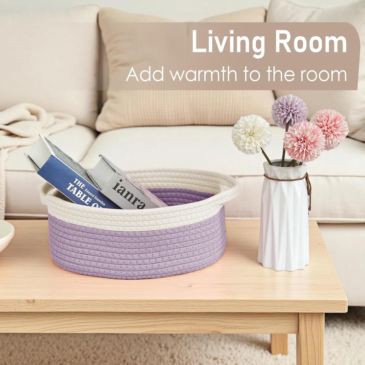 JMvicyroam Woven Basket,Small Rope Storage Bin with Handles & Ribbon Bag, Organizer for Shelves Closets,Gift Basket Empty for Birthday,Books,Dog Toys,White