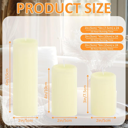 18 Pcs Ivory Pillar Candles Bulk Set，3 Different Lengths 2 x 3/4/6 Inch (6 Each)，Hurricane Candles，Dripless Unscented Smokeless，Gives You a Better Atmosphere When Organizing an Event Party.