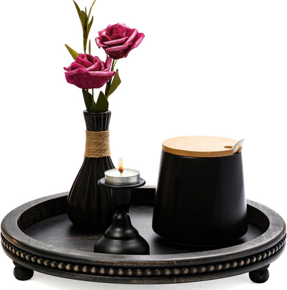 KULEDM Handmade Wooden Decorative Tray, Small Beaded Coffee Table Tray Decor, Sage Round Serving Tray for Coffee Table, Dining Room Table Entryway and Living Room Table