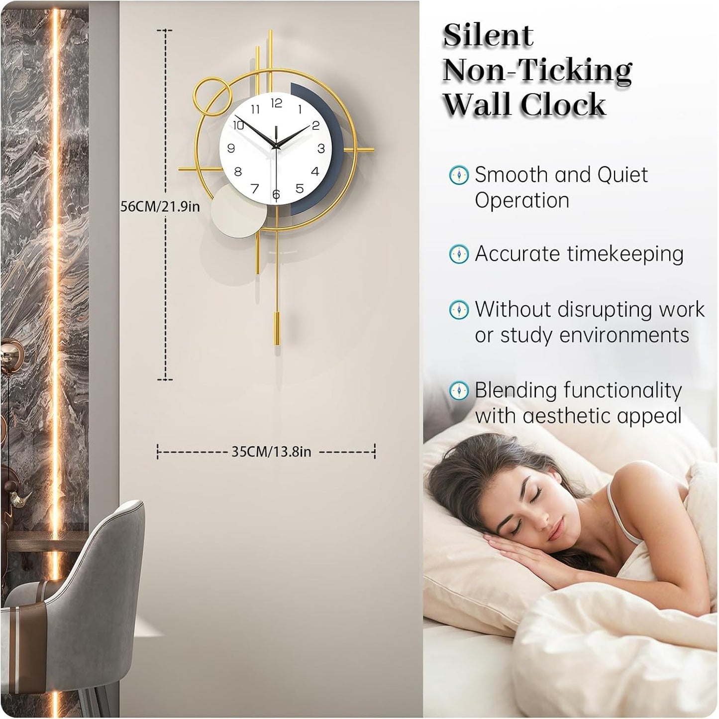 Wall Clock for Living Room Decor Decorative Wall Clock with Pendulum Silent Quartz Battery Operated Black Metal Large Clock for Dining Room,Kitchen,Home,Bathroom,Bedroom,13.8x21.3 in