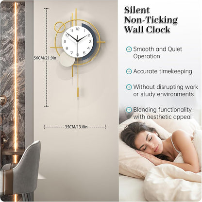 Wall Clock for Living Room Decor Decorative Wall Clock with Pendulum Silent Quartz Battery Operated Black Metal Large Clock for Dining Room,Kitchen,Home,Bathroom,Bedroom,13.8x21.3 in