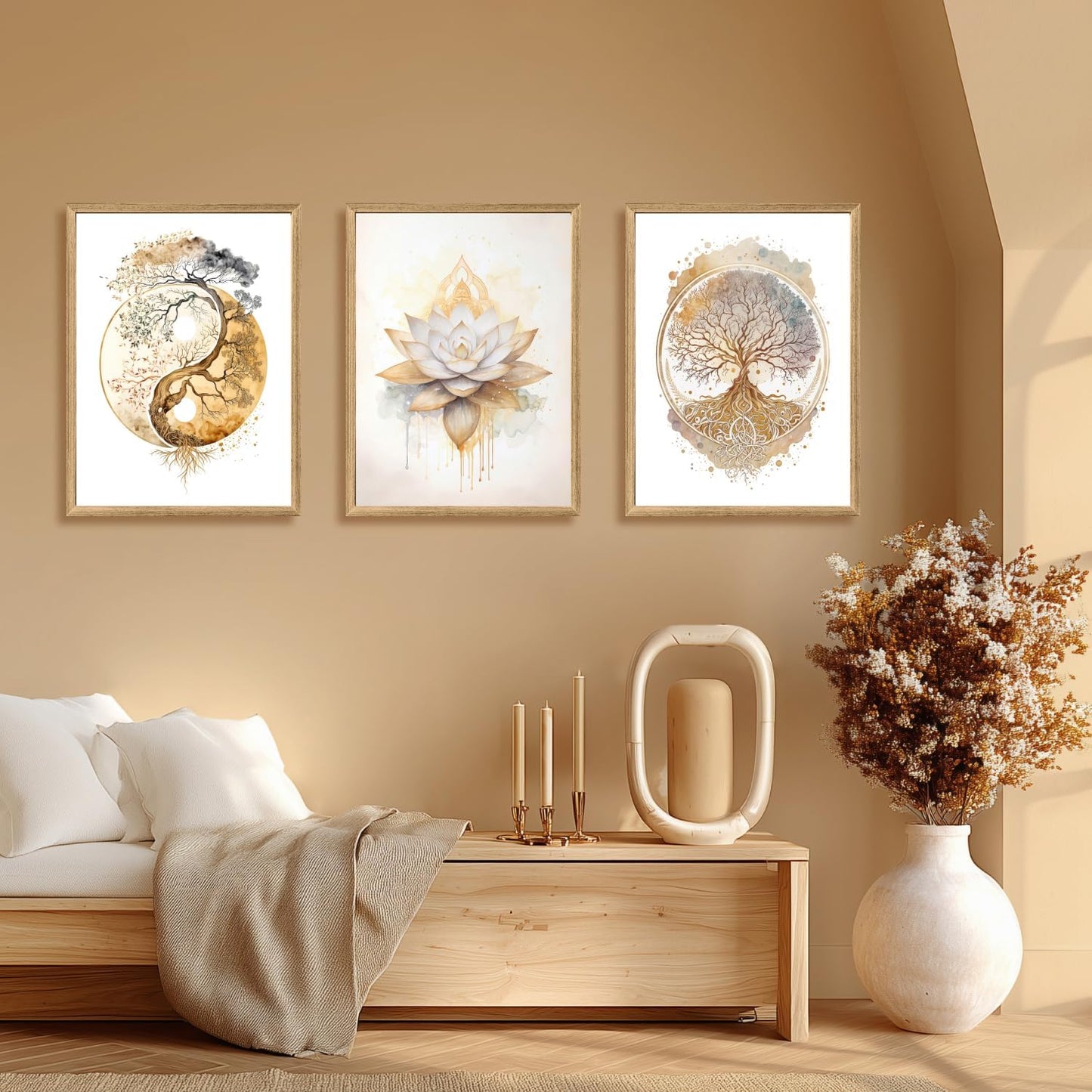 GELDSTEI Calm Zen Botanical Canvas Wall Art, White Lotus Blooming on Stones in Water Aesthetic Pictures, Yoga Spa Meditation Room Decor, Modern Spiritual Poster Prints for Zen Office Framed Set of 3, Each 12x16 Inch
