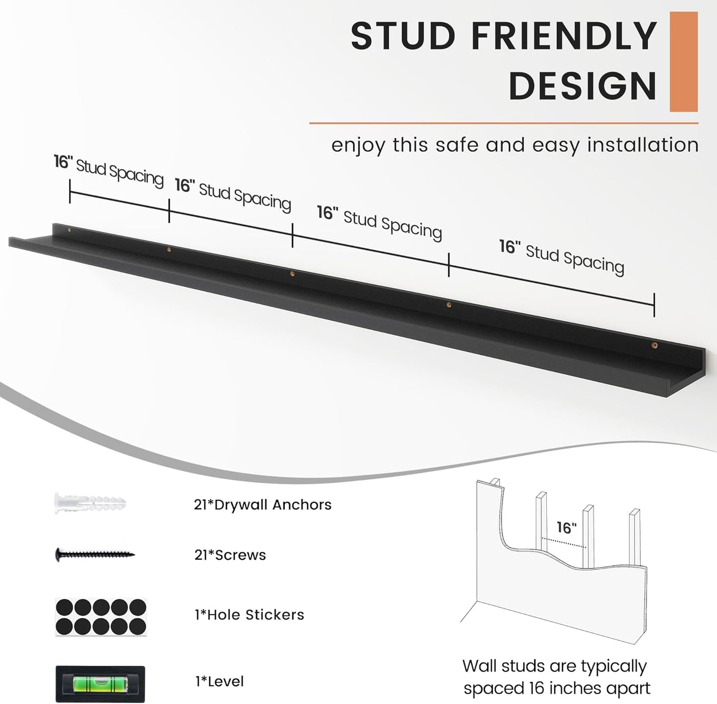 FLYJOE Floating Picture Ledge Shelves for Wall Set of 4, 48 Inch Wall Shelves with Lip Long Large Nursery Book Shelf for Toys Storage Kids Bookshelf Wall Mounted Living Room Bedroom Decor Frames