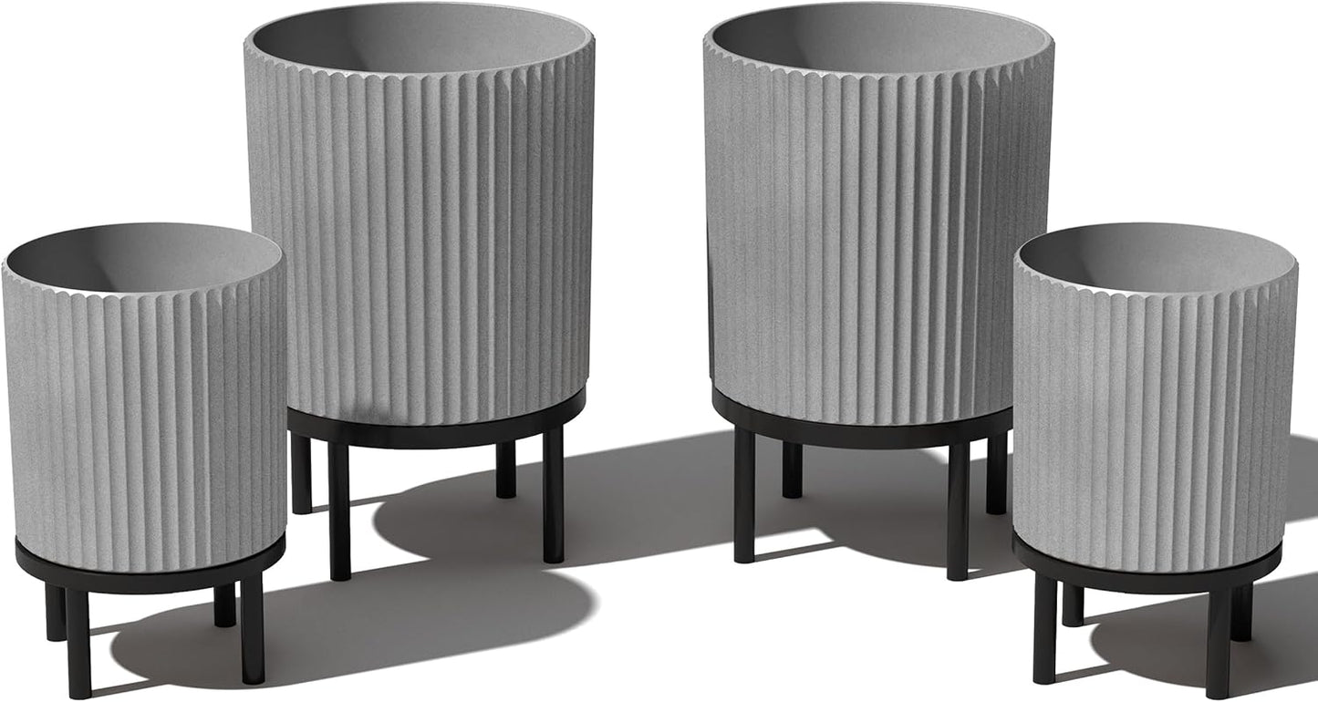 Veradek Demi Series Round Planter w/ Stand for Porch/Patio | Durable Plastic-Concrete & Wooden Stand | Modern Décor for Tall Plants, Flowers
