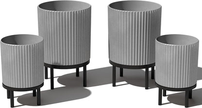 Veradek Demi Series Round Planter w/ Stand for Porch/Patio | Durable Plastic-Concrete & Wooden Stand | Modern Décor for Tall Plants, Flowers