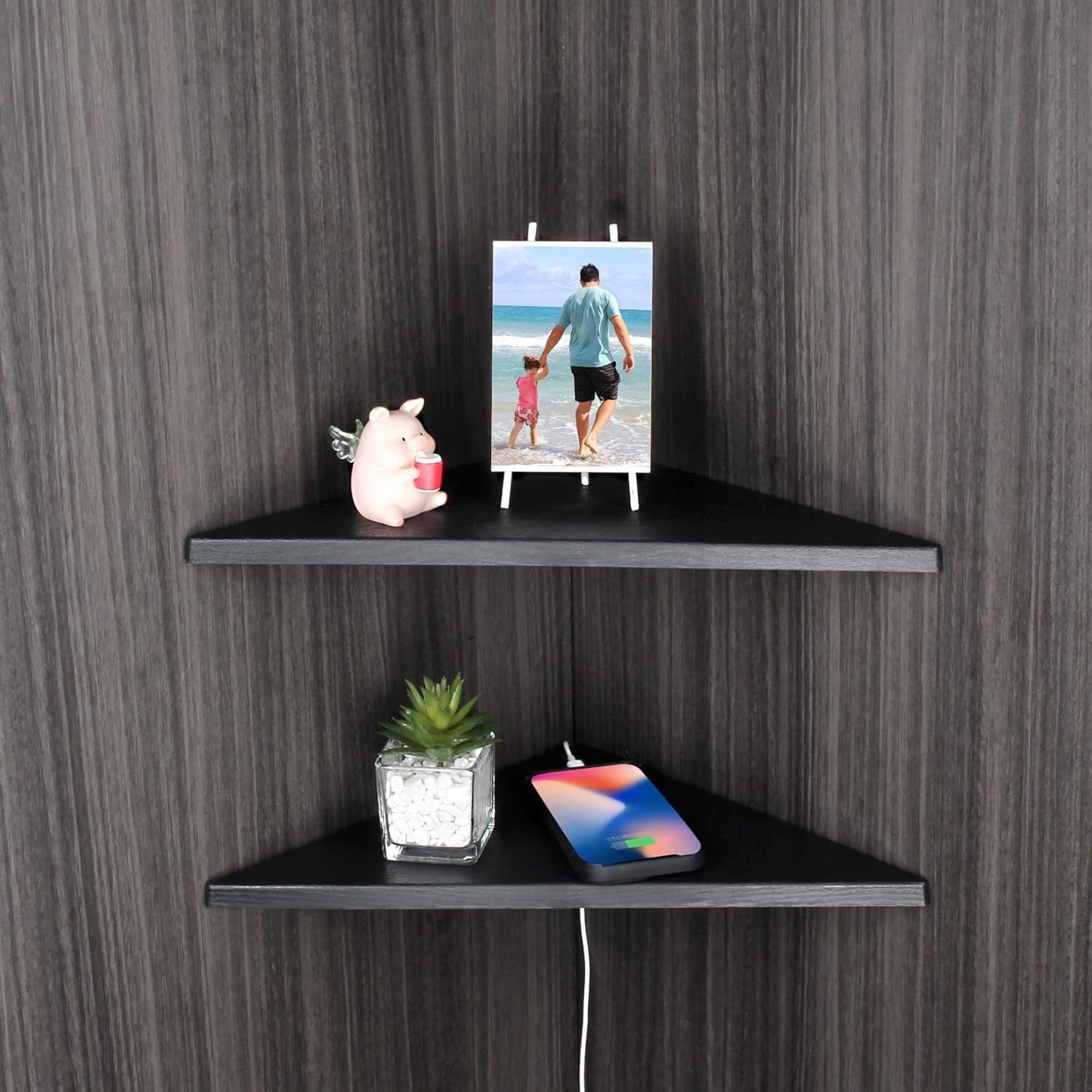 evron Corner Mounting Shelf Set of 2 – Easy to Install Floating Wall Shelves with Wood Grain Finish, Durable and Waterproof ABS Plastic for Kitchen, Bathroom, Living Room Home Décor