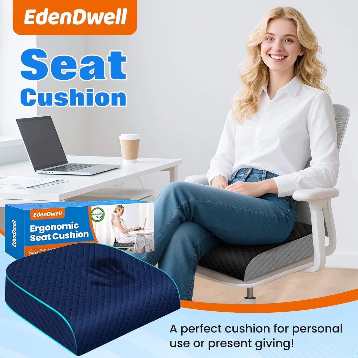 Seat Cushion, Memory Foam Chair Pad for Sciatica & Hip Pain Relief, Non-Slip Cushion for Office, Home, Car, Large Desk Chair Cushion, Washable Cover & Handle, Large, Black