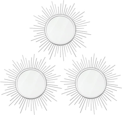 3 Pack Metal Mirrors for Wall Sunburst Wall Mirrors Home Décor Decorative Hanging Wall Art for Living Room Bedroom Entryway (Gold, Flower+Sunburst)