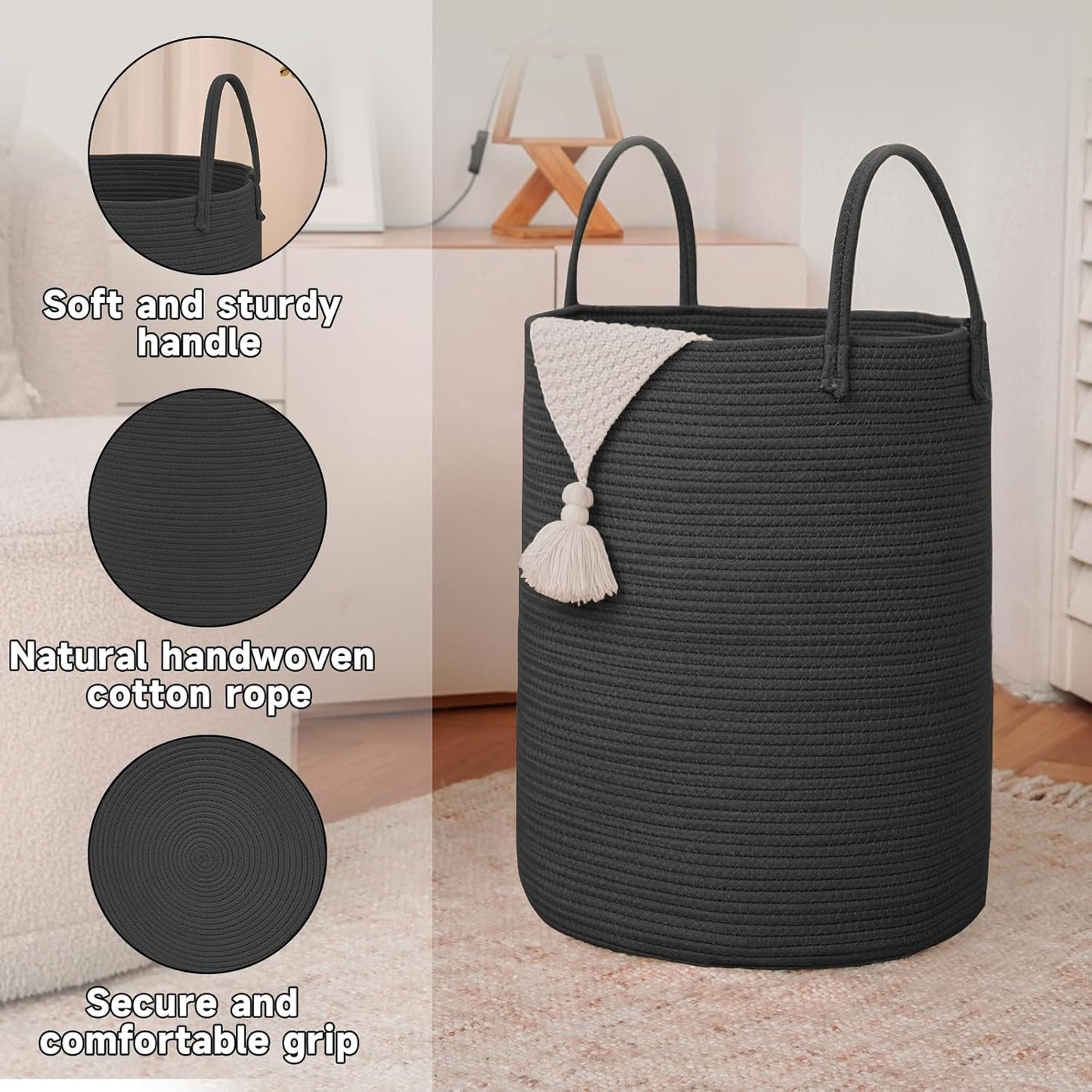 JMvicyroam Large Woven Laundry Basket Hamper,60L Cotton Rope Storage Bin for Blankets,Toys and Clothes,Decorative Tall Nursery Hamper for Living Room,Baby Nursery,Bathroom and Bedroom,Brown