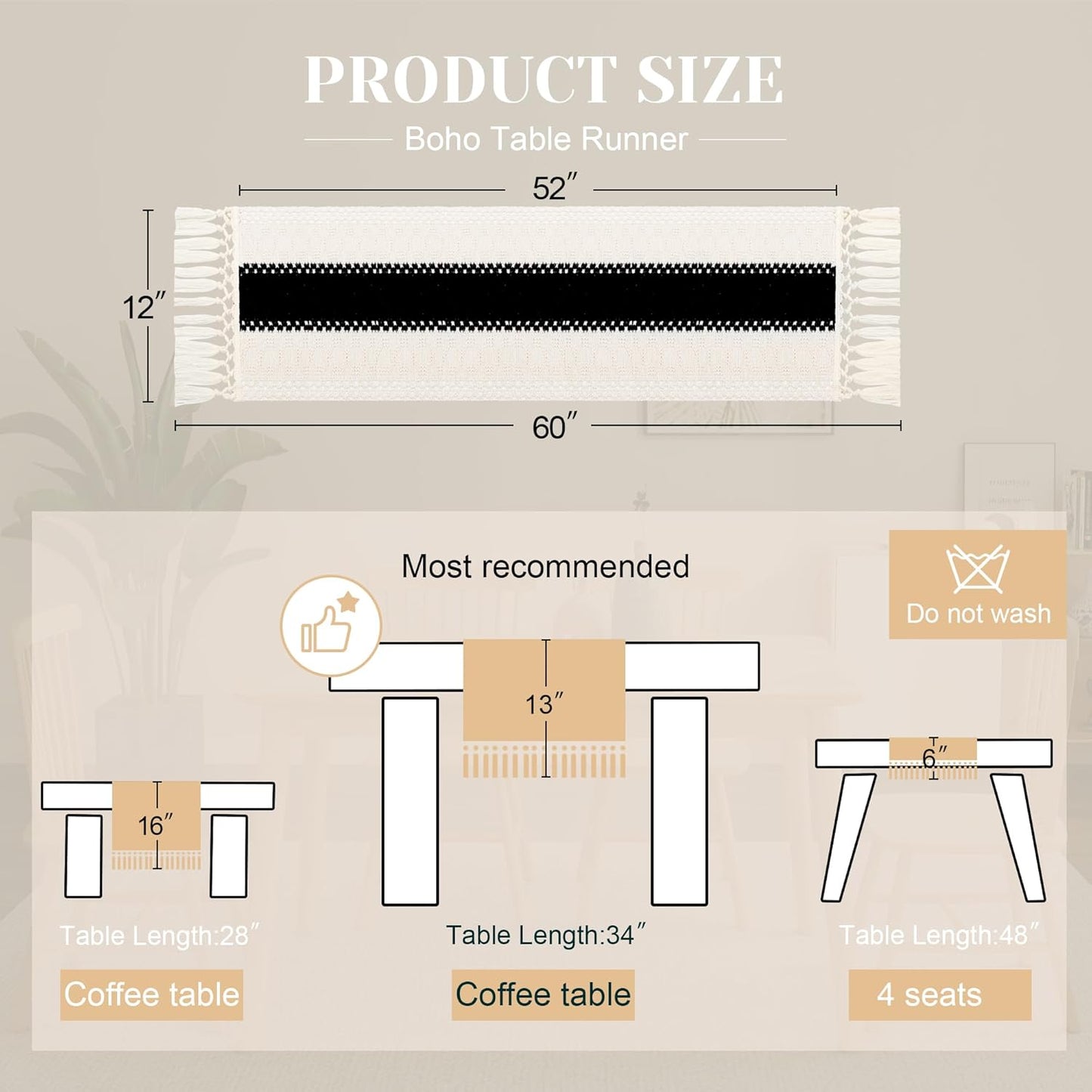 FEXIA Boho Table Runner for Thanksgiving Fall Christmas Home Decor with Tassels 72 Inches Long Pottery barn Furniture Farmhouse Rustic Macrame Burlap Table Decoration for Living Room (12x72 Inches)