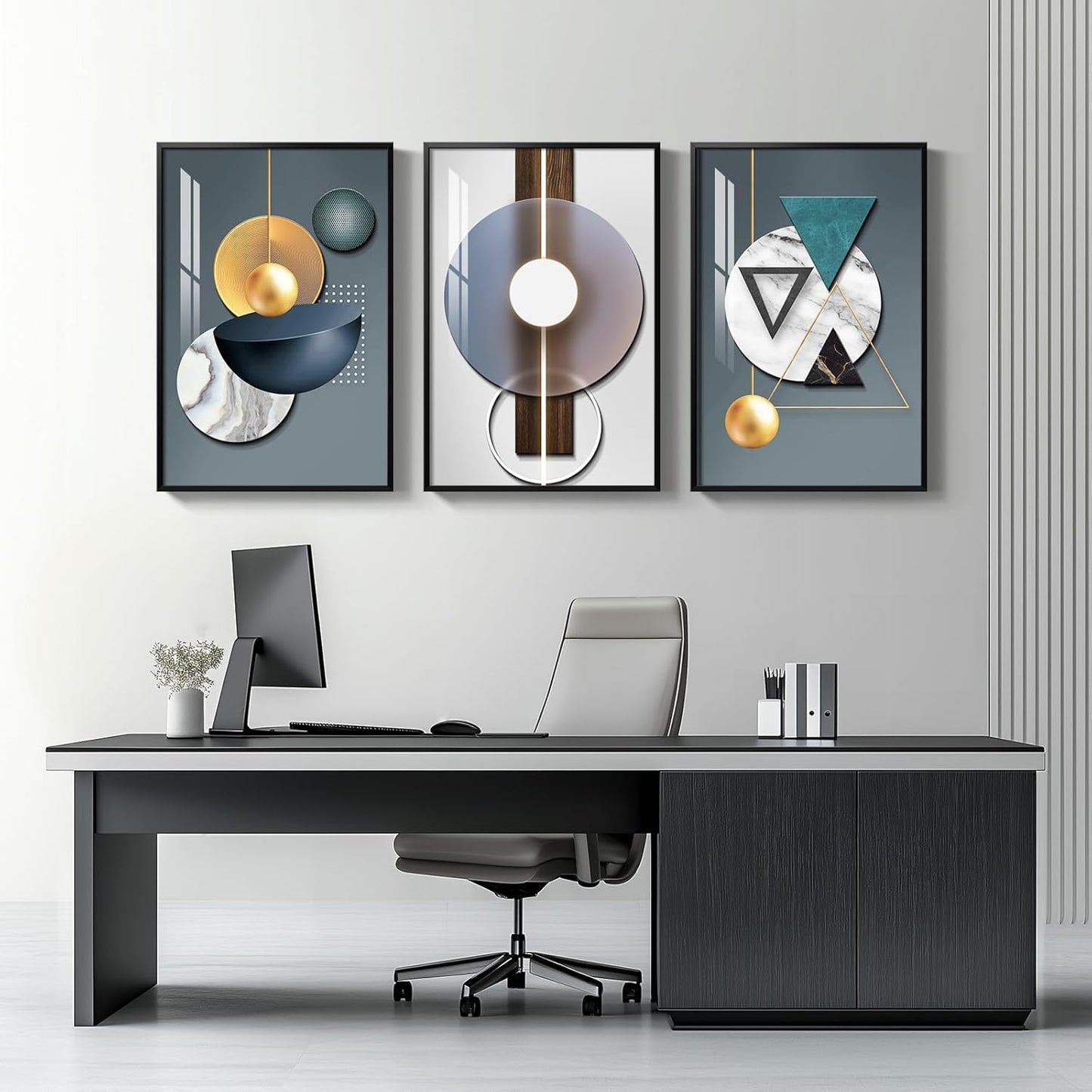 Framed Modern Luxury Gold Wall Art, Set of 3 Piece Contemporary Paintings Artwork for Walls, Golden Prints Pictures with Gold Frame, Wall Decor for Living Room, Hallway, Bedroom, Office 16x24 Inch