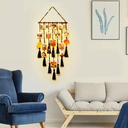 Homecor Hanging Photo Display Wall Decor, Macrame Wall Hanging Boho Room Bedroom Decor, Picture Frame Collage Board with Light 30 Clip, Christmas Teenage Teen Girl Gifts Ages 10 11 12 13 14 Years Old
