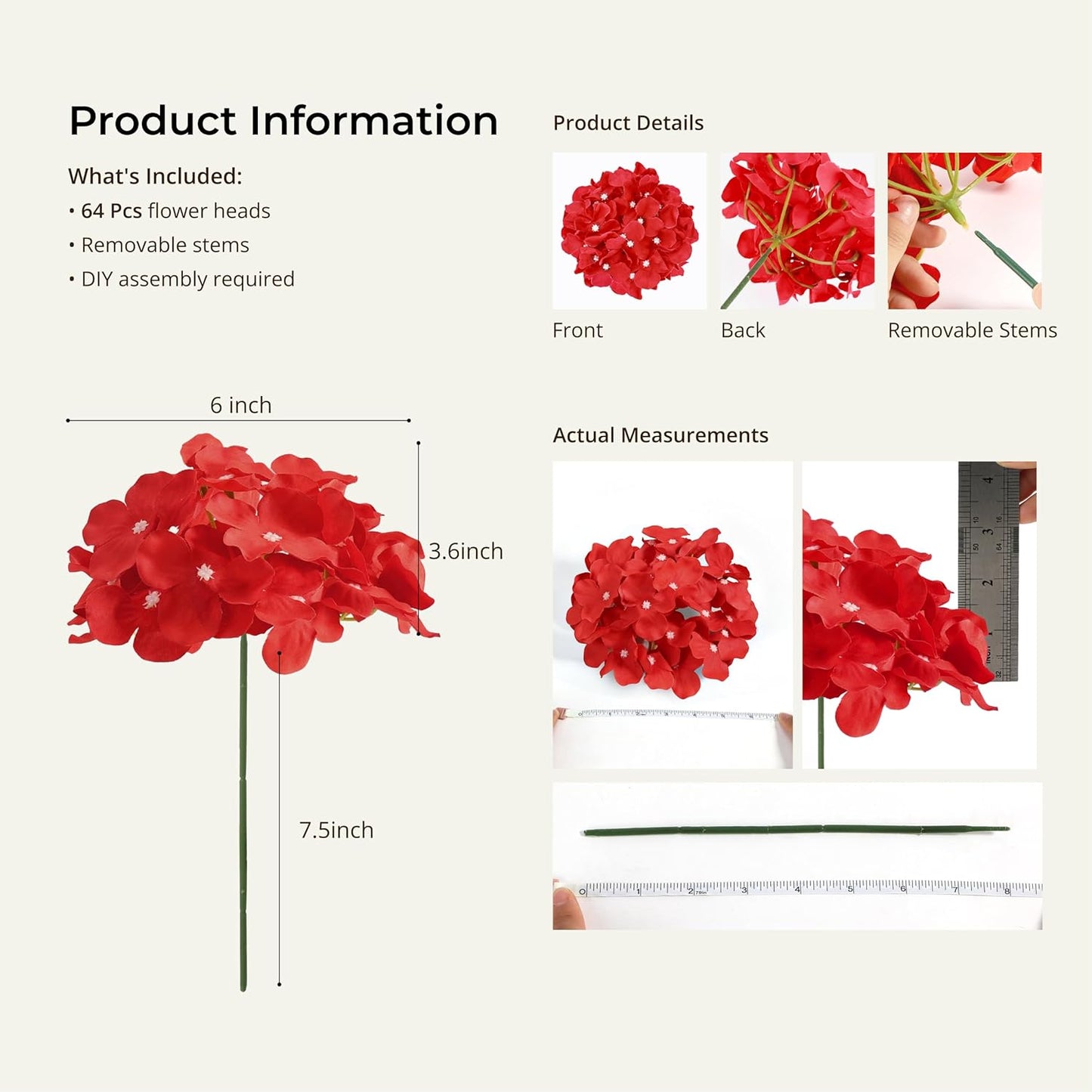 Auihiay 64 PCS Artificial Hydrangea Flowers, Silk Hydrangea Full Flowers Heads with Stems for Wedding Centerpieces, Home, Garden, Baby Shower, Party Decoration (Ivory)