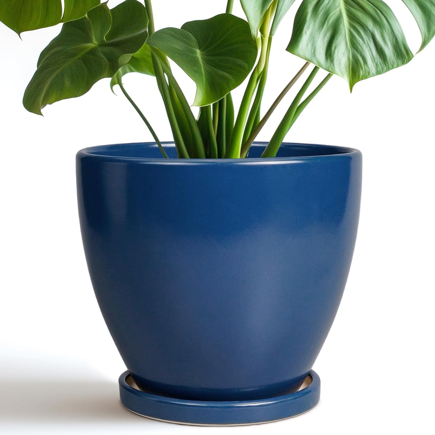10 Inch Ceramic Planter Pot Round Plant Pot for Indoor Plants Outdoor Large Flower Pot with Drainage Hole and Saucer Blue