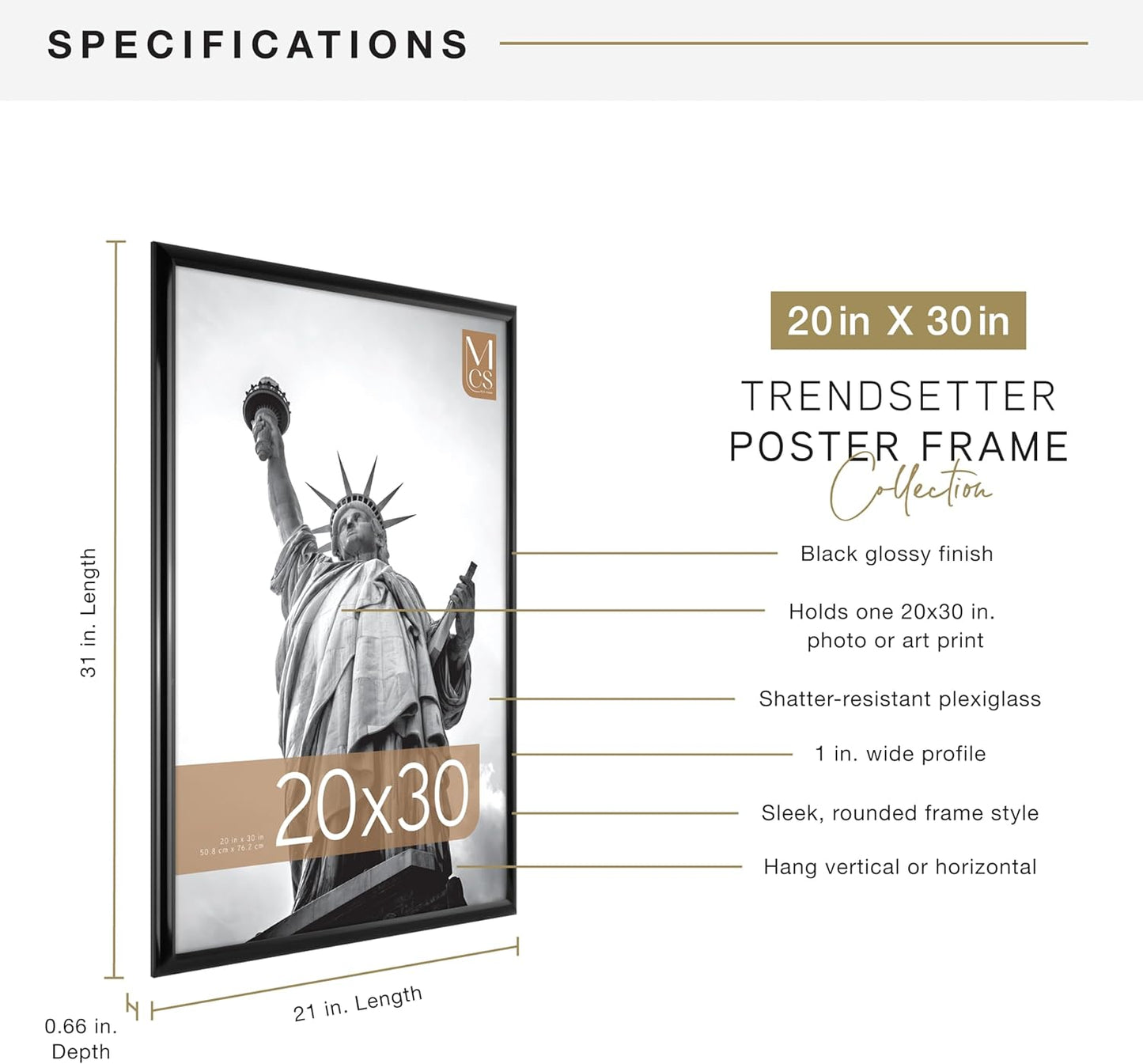 MCS Trendsetter 24x36 Poster Frame Black High-Gloss, Vertical & Horizontal Wall Hanging Large Picture Frame for Photos, Posters & Art Prints (1-Pack)