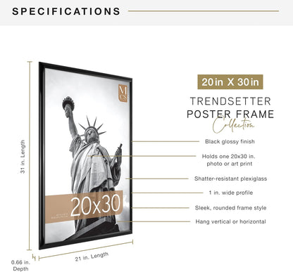 MCS Trendsetter 24x36 Poster Frame Black High-Gloss, Vertical & Horizontal Wall Hanging Large Picture Frame for Photos, Posters & Art Prints (1-Pack)