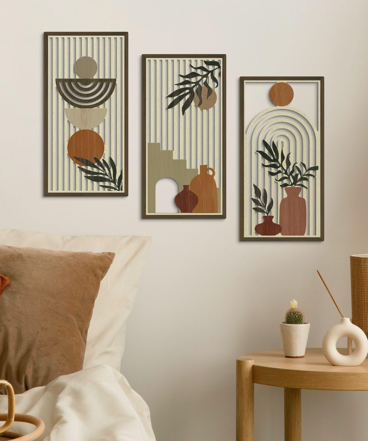 Putuo Decor Boho Abstract Wall Art, Set of 3, Modern Botanical Wooden Wall Decor, Blue Mid-Century Minimalist Framed Artwork for Living Room Bedroom, Office