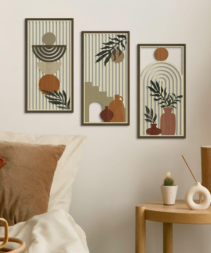 Putuo Decor Boho Abstract Wall Art, Set of 3, Modern Botanical Wooden Wall Decor, Blue Mid-Century Minimalist Framed Artwork for Living Room Bedroom, Office