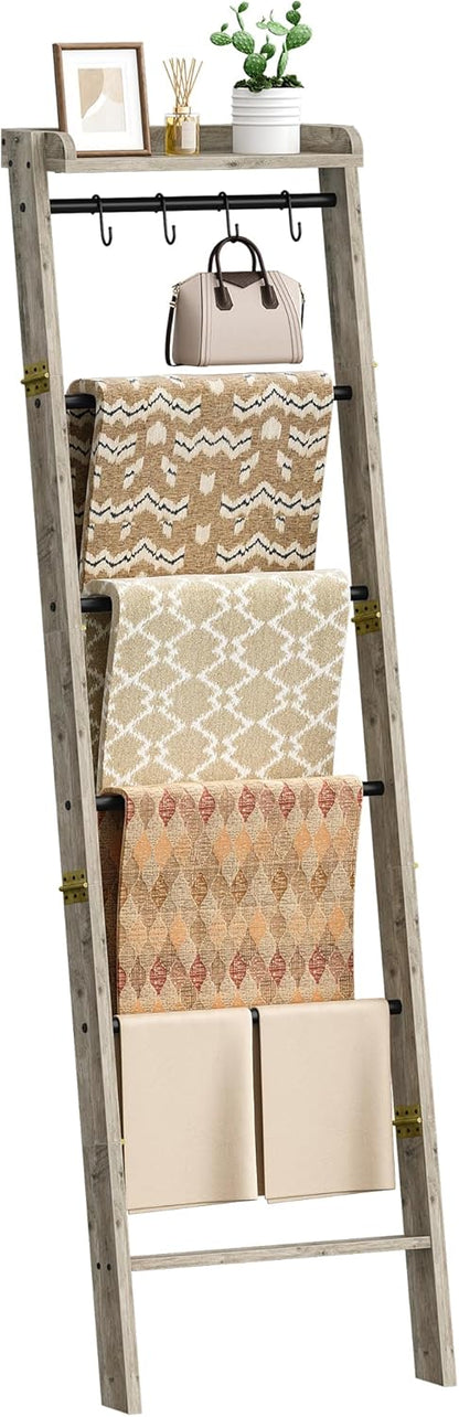 Hzuaneri Blanket Ladder Shelf, Decorative Quilt Rack, 6-Tier Farmhouse Ladder Holder Organizer with 4 Removable Hooks 7.9" D x 17.3" W x 63.4" H, Rustic Brown BR35801B