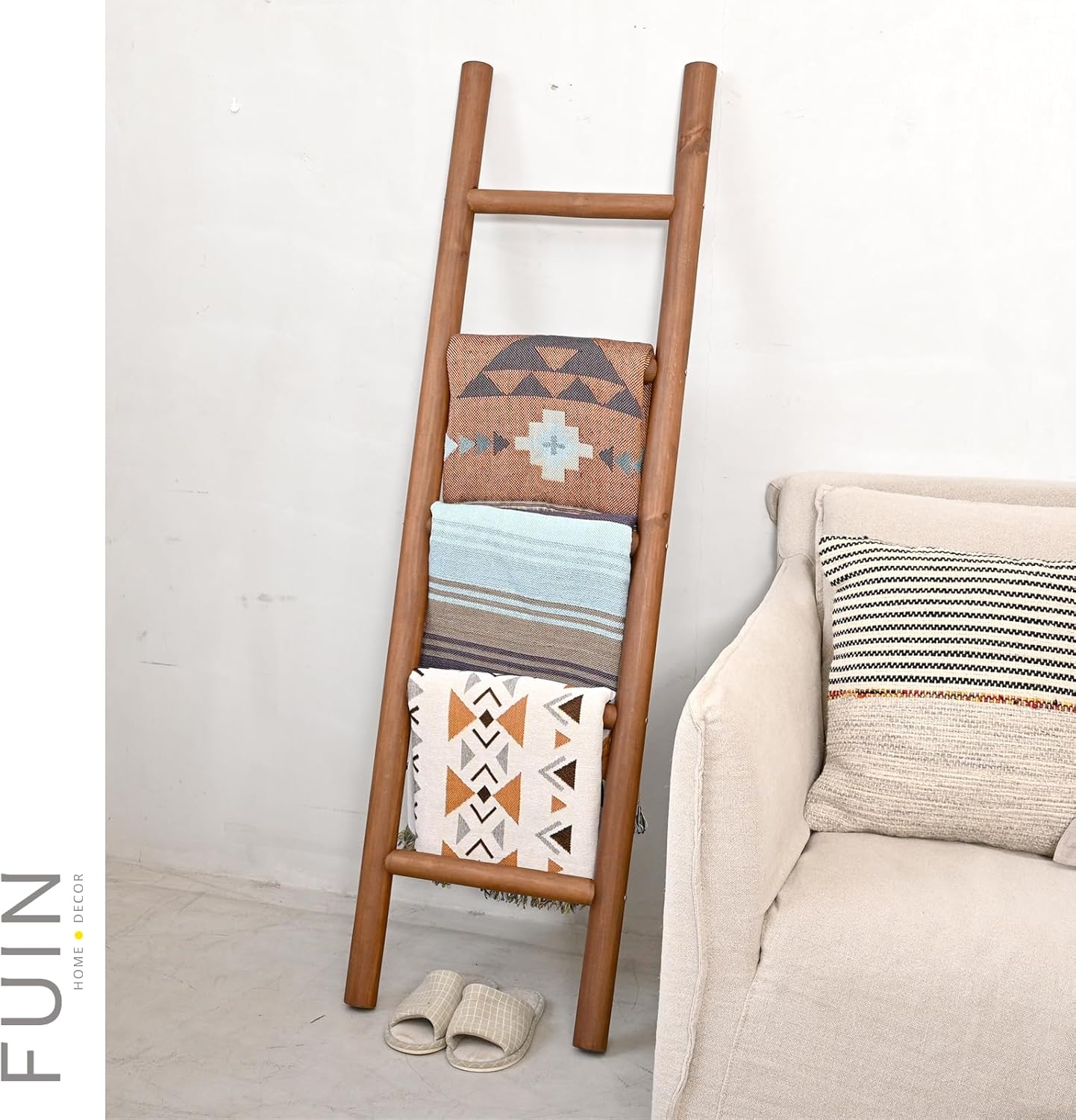 FUIN 57in Wood Blanket Ladder Living Room Decorative Wall Leaning Farmhouse Quilt Display Holder Rustic Wooden Towel Rack for Bathroom, Brown