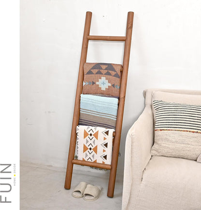 FUIN 57in Wood Blanket Ladder Living Room Decorative Wall Leaning Farmhouse Quilt Display Holder Rustic Wooden Towel Rack for Bathroom, Brown