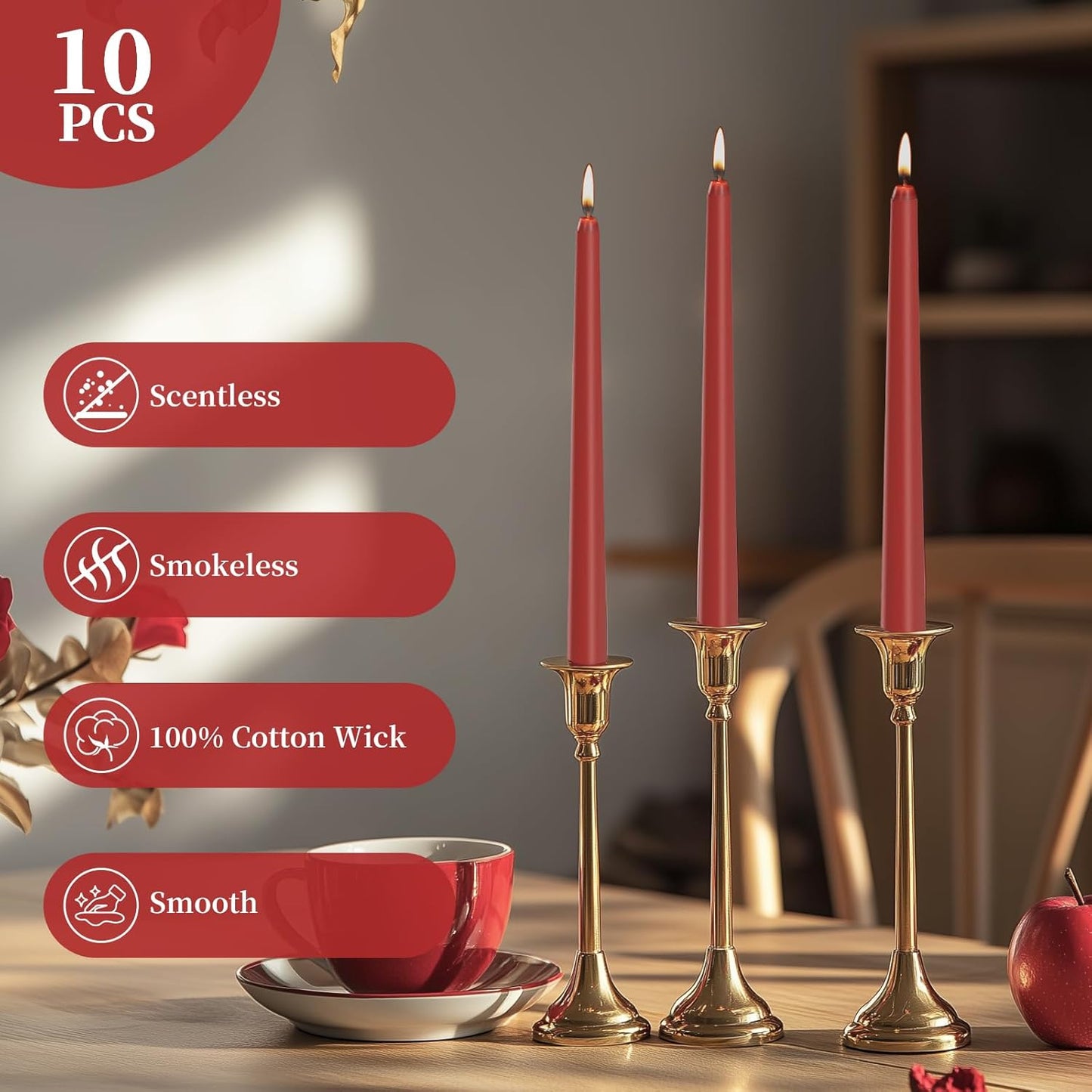 KONNI 0.87×10 Inch Ivory Taper Candles, Unscented and Smokeless Tall Candlesticks, 10 Pack Tapered Candles with Cotton Wicks, Long Burning, Ideal for Weddings, Dinner Parties, and Home Décor