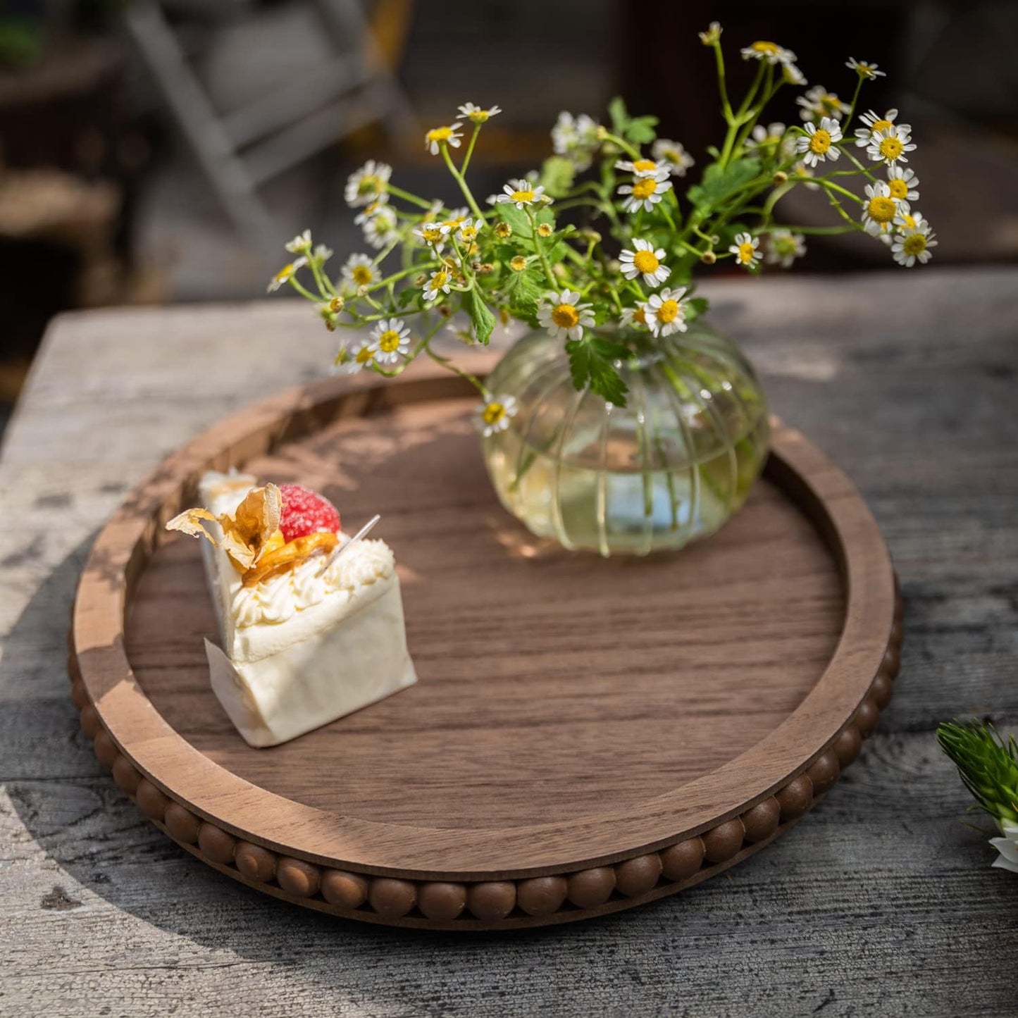 HPC Decor 12in Round Wood Tray - White, Distressed, Farmhouse Rustic - Decorative Tray for Living Room, Coffee Table, Kitchen Table or Farmhouse Serving Tray