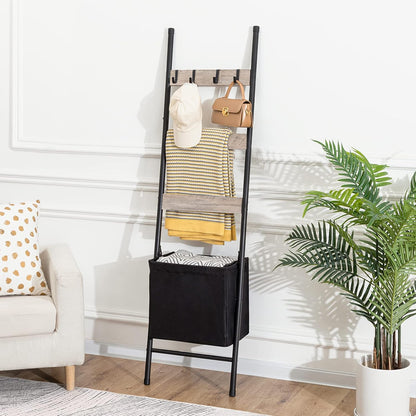 HOOBRO Blanket Ladder with Basket, 17.3”L x 63.4”H, Towel Rack with Hooks, Blanket Holder Rack, Decorative Ladder Shelf, Drying and Display Rack for Bathroom, Living Room, Rustic Brown BF31CJ01