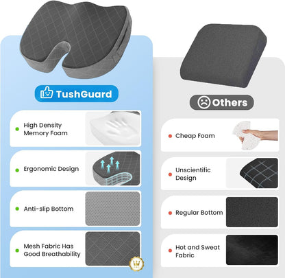 TushGuard Seat Cushion - Memory Foam Cushion for Office Chair, Car Seat, Airplane, Bleacher - Sciatica & Hip & Coccyx Pain Relief Desk Chair Cushion for Long Sitting Office Workers, Car Drivers