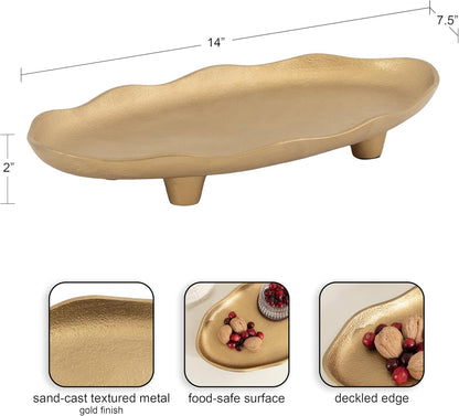Kate and Laurel Alessia Modern Decorative Scalloped Oval Footed Metal Tray; 14 x 8; Bronze; Transitional Food-Safe Cast Aluminum Pedestal Tray with Rough Texture and Deckled Edge