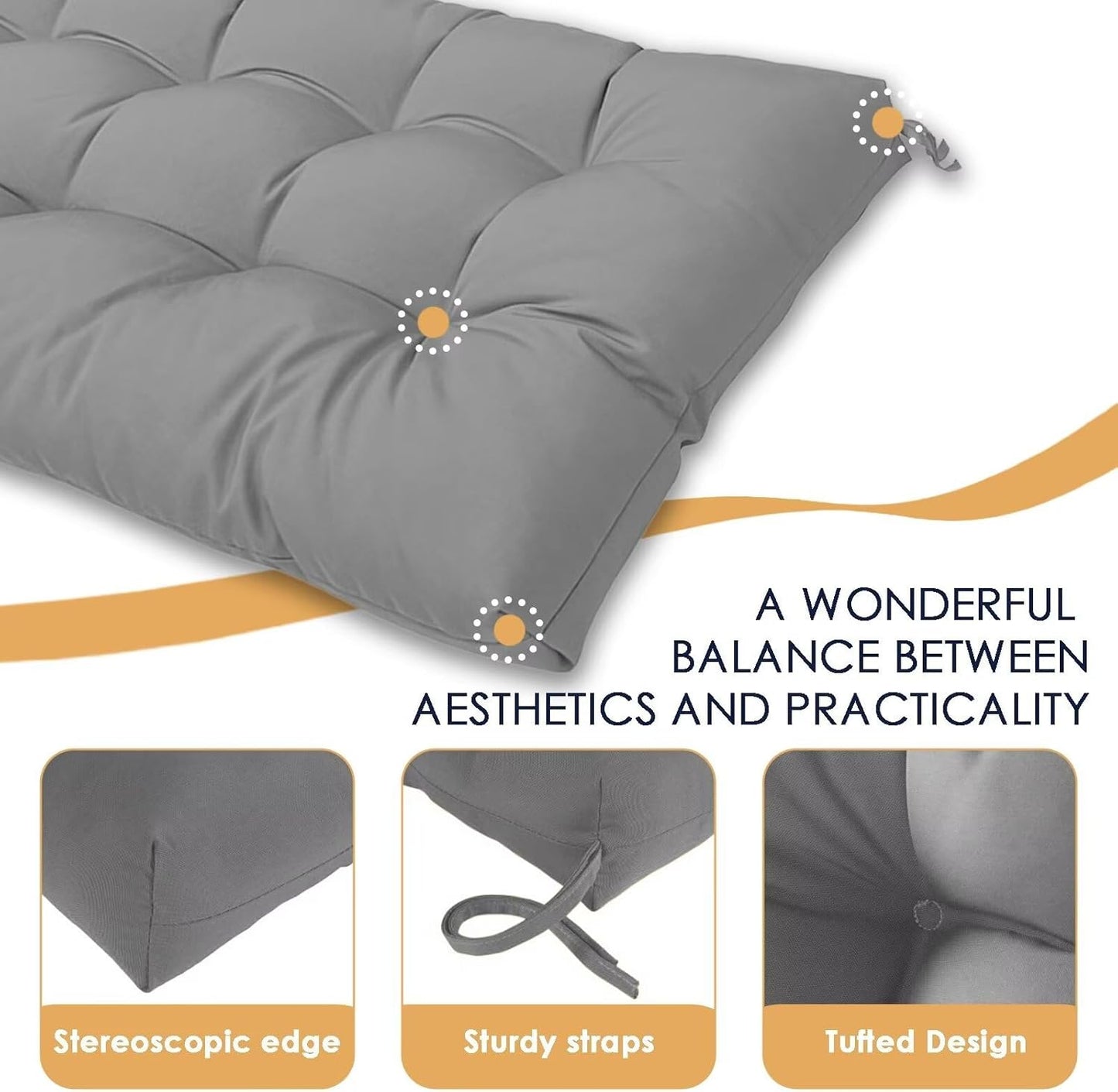 MTMR Outdoor Bench Cushion-44X19 Water-Repellent Tufted Porch Swing Cushions with High Elasticity PP Cotton and Ties Fade-Resistant Patio Outdoor Chair Cushion for Bench Furniture, Indoor Seat Cushion