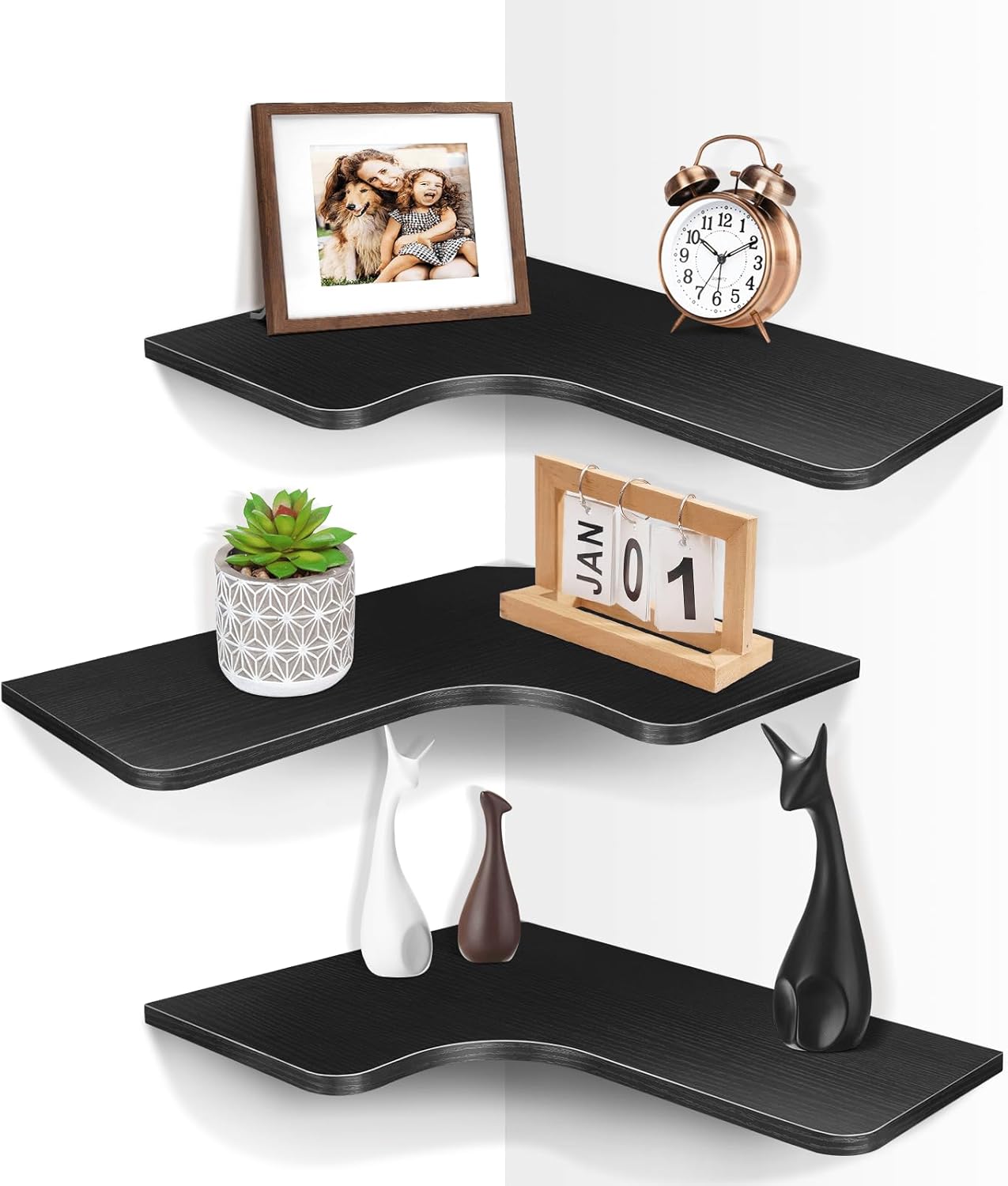 Homode Corner Floating Shelves, Set of 3 Corner Wall Shelves with Wire Hole, L-Shaped Wood Hanging Storage Shelf for Wall Decor, for Bathroom Kitchen Bedroom, White