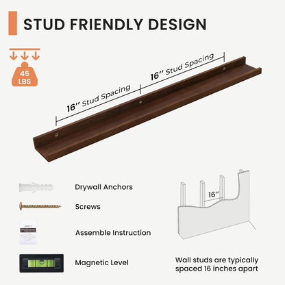 FLYJOE Picture Ledge Shelf, Floating Shelves Set of 2, Solid Pine Wood 55'' Long Large Nursery Book Shelves for Toys Storage, Kids Bookshelf for Living Room Bedroom Decor Books Photo Frames, Walnut