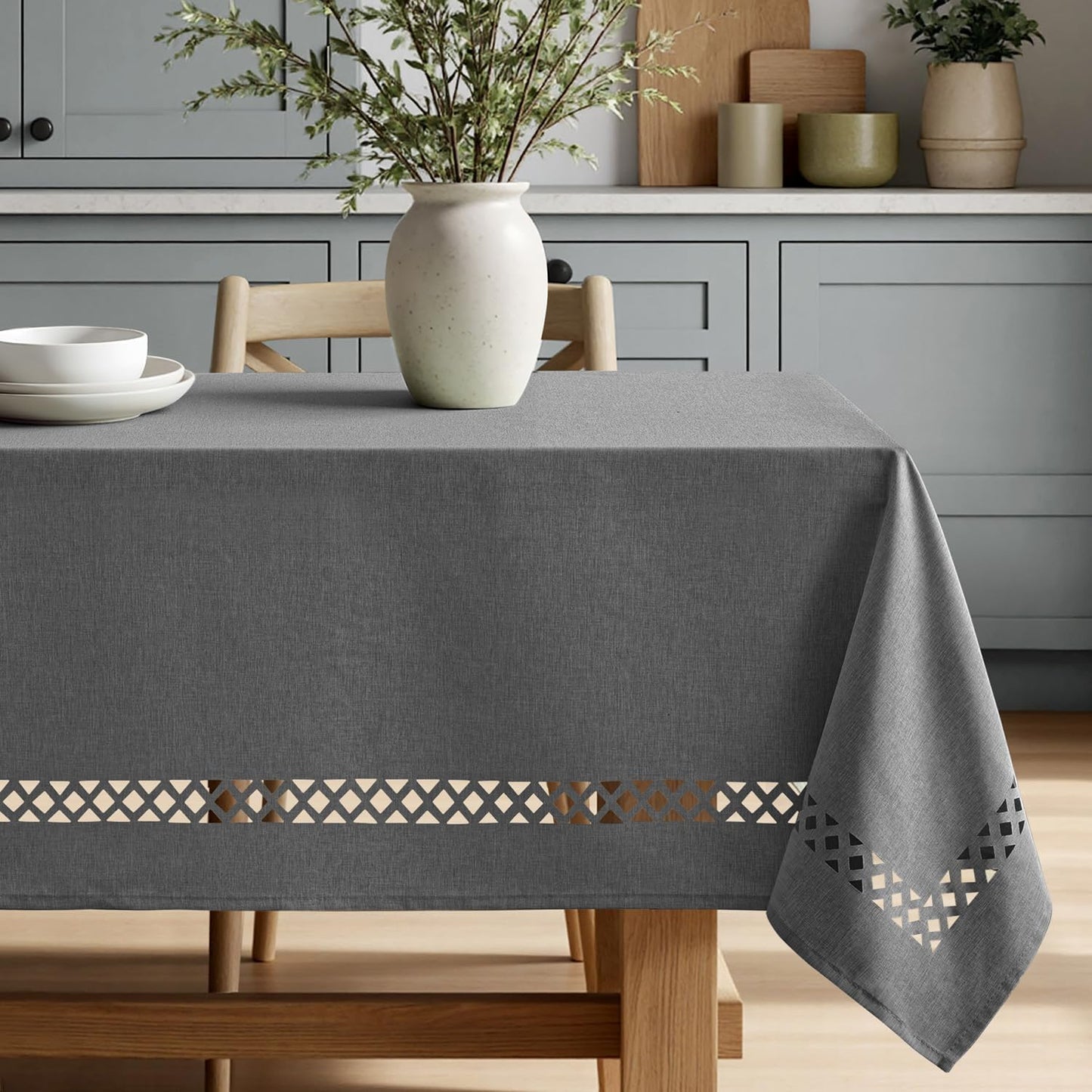 MIULEE Beige Rectangle Linen Polyester Tablecloth with Decorative Cutouts Spring Waterproof Stain Resistant & Shrink-Proof Table Cloth 52x70 inch Farmhouse Style for Dining Wedding and Outdoor